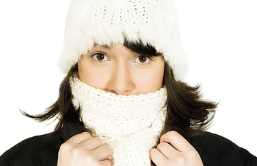 Image showing Girl in white knit cap and scarf