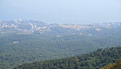 Image showing Top of the mountain with green forest above