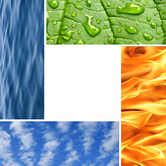 Image showing Frame made from clouds, fire, waves and green leaf with drops of