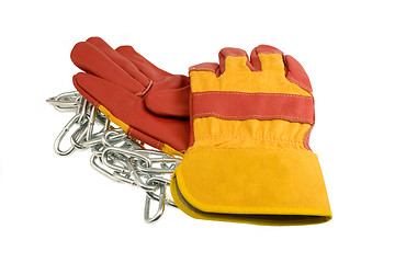 Image showing Red protective gloves with steel chain