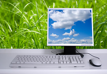 Image showing PC with green grass background and clouds on desktop