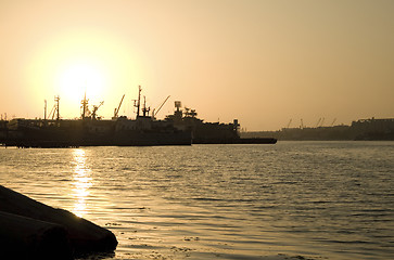 Image showing Several ships at sunset