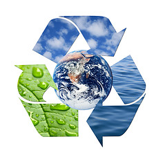 Image showing Recycle symbol made from waves, clouds and green leaf with drops