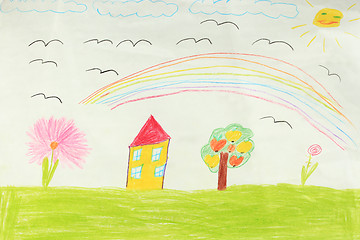 Image showing Children's drawing with house and flowers