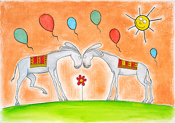 Image showing Happy donkeys with balloons, child's drawing, watercolor painting on paper