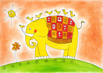 Image showing Happy elephant and birds, child's drawing, watercolor painting on paper