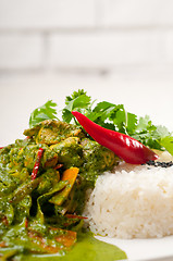 Image showing chicken with green curry vegetables and rice