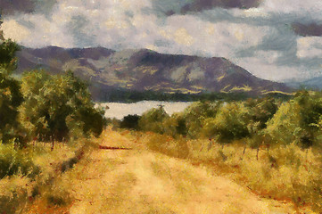 Image showing Gravel Road Leading to Dam Painting