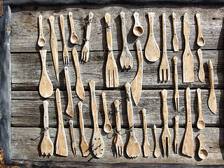 Image showing Wooden fork, spoon and knife collection