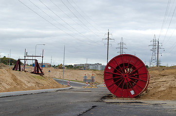 Image showing high voltage cable reels road construction 