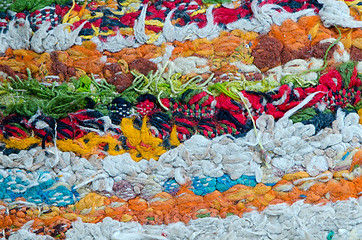 Image showing colorful grunge dirty carpet wool thread closeup 