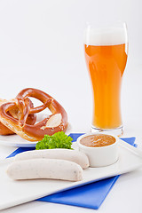 Image showing weisswurst white sausages and sweet mustard with pretzel 