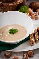 Image showing fresh chmapignon cream soup with parsley