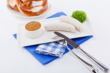 Image showing weisswurst white sausages and sweet mustard with pretzel 
