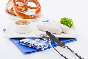 Image showing weisswurst white sausages and sweet mustard with pretzel 