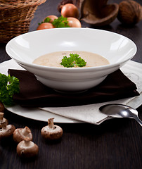 Image showing fresh chmapignon cream soup with parsley