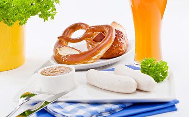 Image showing weisswurst white sausages and sweet mustard with pretzel 