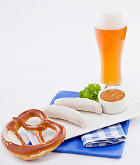 Image showing weisswurst white sausages and sweet mustard with pretzel 