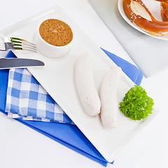 Image showing weisswurst white sausages and sweet mustard with pretzel 