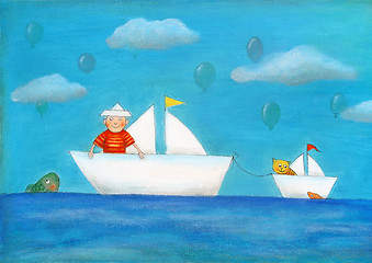 Image showing Young boy sailing, child's drawing, oil painting on canvas