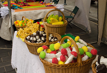 Image showing mushroom corn pear shape sweet basket market fair 