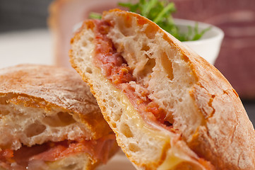 Image showing ciabatta panini sandwich with parma ham and tomato