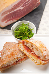 Image showing ciabatta panini sandwich with parma ham and tomato