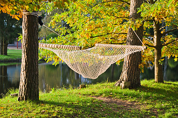 Image showing A hammock near the pond in autumn Park 