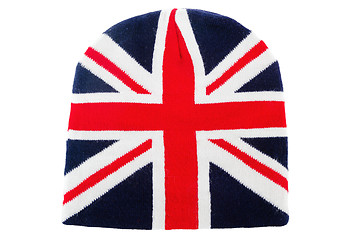 Image showing knitted wool Cap English flag, close-up