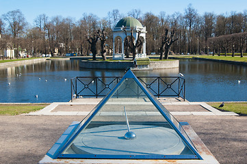 Image showing Ancient sundial at a pond in park Kadriorg, Tallinn