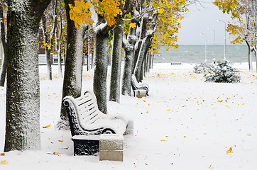 Image showing Alley in the Park later in the autumn. Snow storm 