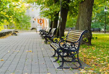 Image showing Benches in autumn park