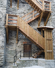 Image showing Wooden stairs the leader on a medieval city wall in Tallinn