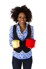 Image showing African american woman with gift boxes 