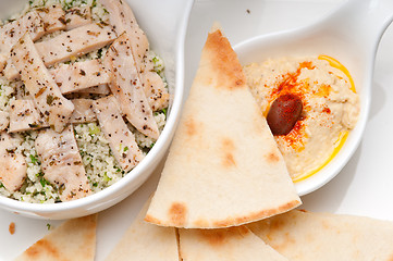 Image showing chicken taboulii couscous with hummus