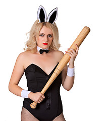 Image showing Dangerous blonde woman in rabbit costume with bat 