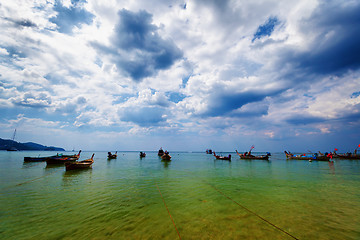 Image showing Thai traditional wooden boats in the lagoon