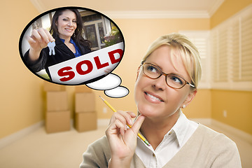 Image showing Woman In Empty Room with Thought Bubble of Agent Handing Over Ne