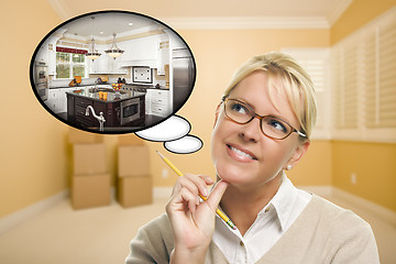 Image showing Woman in Empty Room with Thought Bubble of a New Kitchen Design