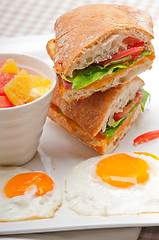 Image showing ciabatta panini sandwich eggs tomato lettuce