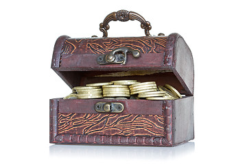 Image showing Wooden chest with coins inside