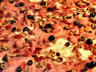 Image showing Ham and olives pizza topping