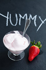 Image showing Strawberry ice cream in glass bowl