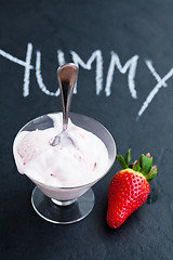 Image showing Strawberry ice cream in glass bowl