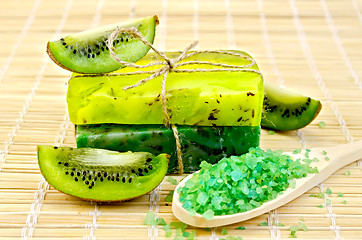 Image showing Soap homemade and salt in a spoon with kiwi