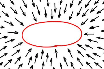 Image showing Blank red oval shape with many black arrows