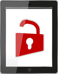 Image showing Mobile Security concept. Tablet PC with Lock on a white background