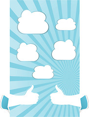 Image showing A hand holding card with sun rays with abstract white clouds