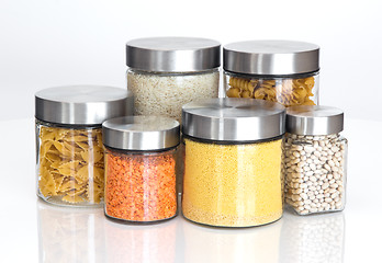 Image showing Food ingredients in glass jars, on white background