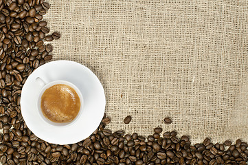 Image showing Cup of coffee and coffee beans